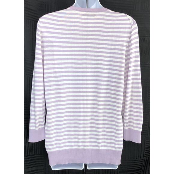 Vintage Knit Cardigan Sweater L Purple Stripe 3/4 Sleeve Crochet Flowers 90s Y2K - Picture 3 of 5